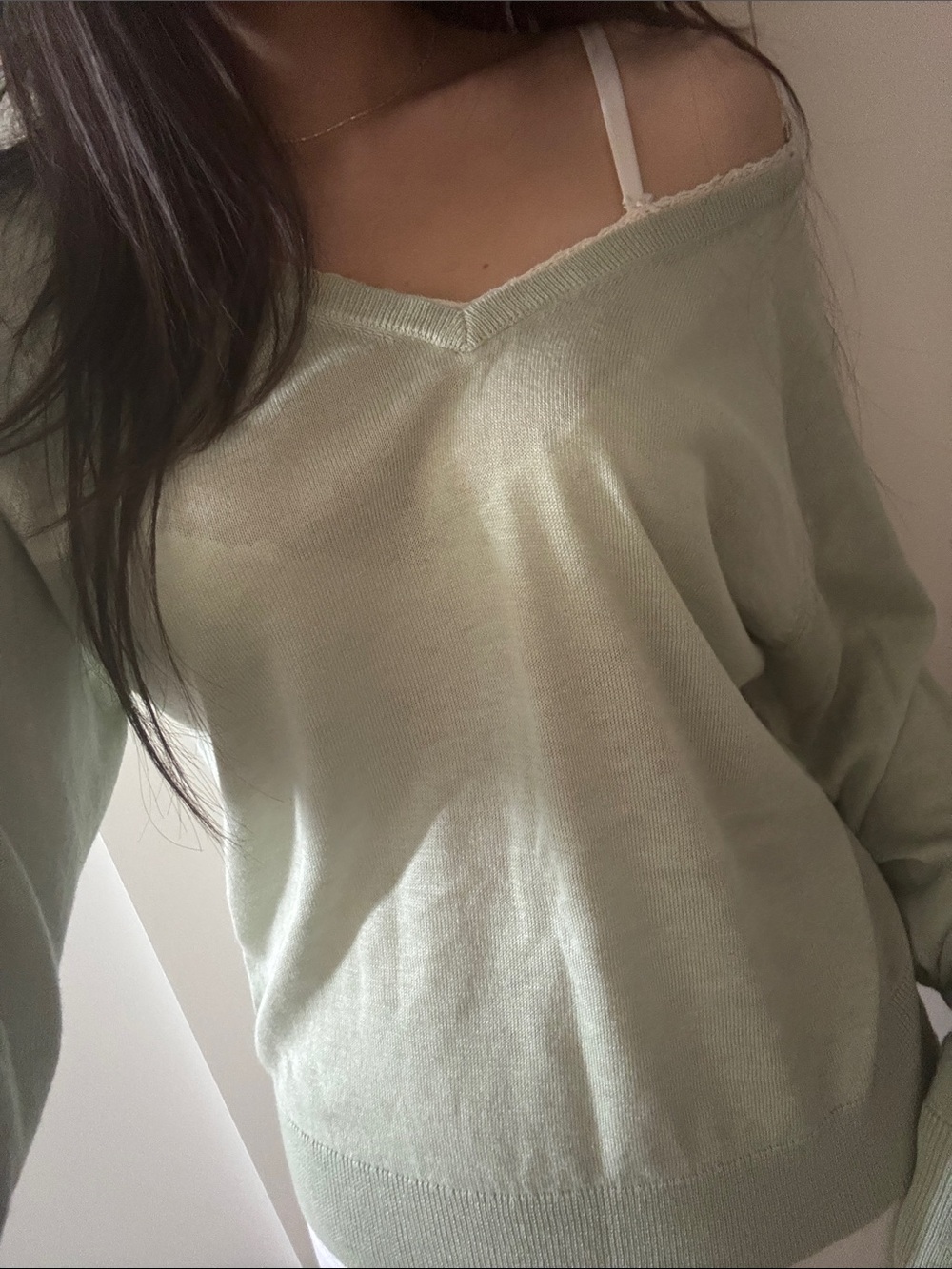 zara sage green lace trim coquette v-neck sweater